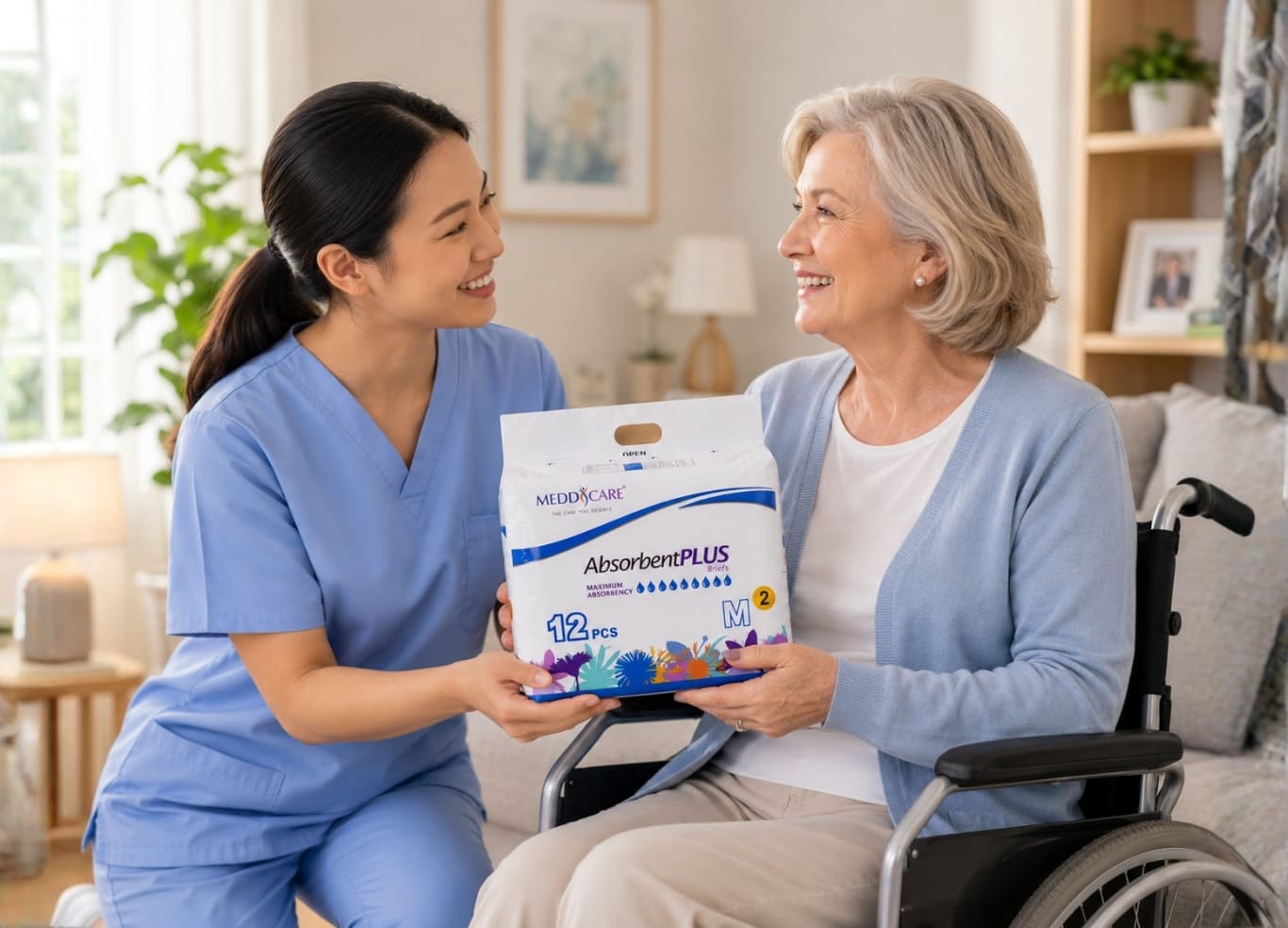 Meddcare healthcare and incontinence products on a clean white shelf